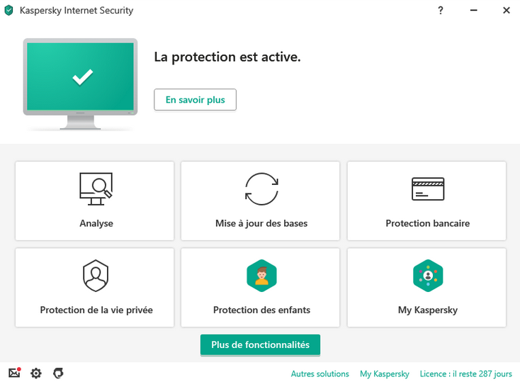 tableau de bord de Kaspersky Internet Security